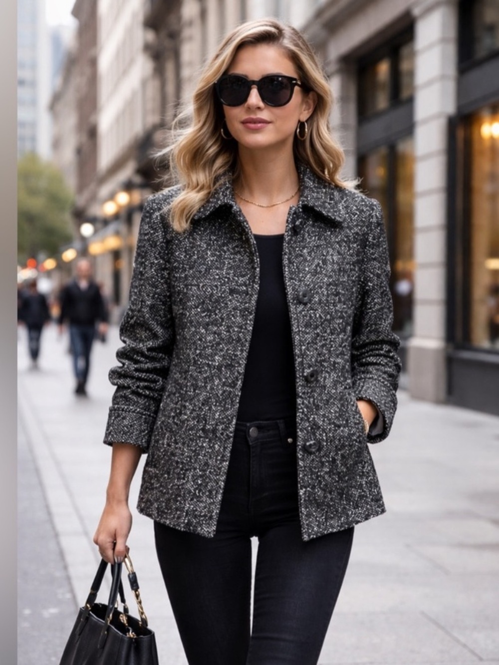LONDON FOG Women’s Black & White Marled Textured Collared Wool Blend Coat L - Picture 2 of 9